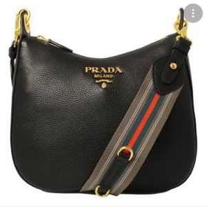 PRADA BLACK VITELLO PHENIX LEATHER WEB STRIPE STRAP CROSSBODY